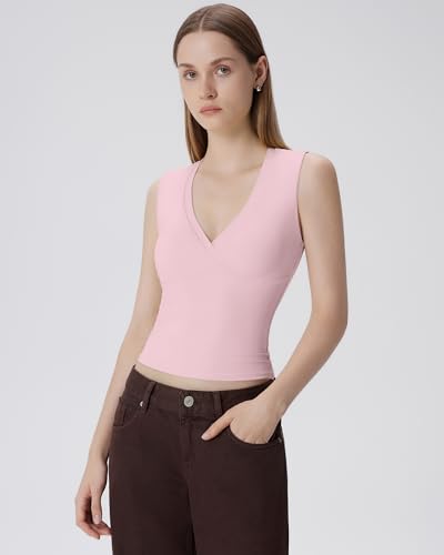 Image of SUUKSESS Women Built in Bra V Neck Tank Tops Double Lined Summer Going Out Camisole Tops