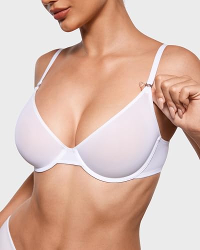 Image of INLYRIC Women's Cosnufy Sheer Balconette Bra Demi Unlined Plunge Mesh See Through Sexy Bras Underwire