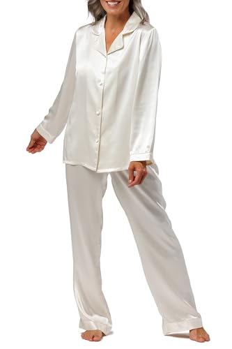 Fishers Finery Women's 100% Pure Mulberry Silk Long Pajama Set with Gift Box (White, S)