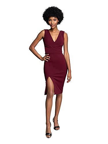 Dress the Population Women's Alessia Sleeveless Plunge Neckline Waist TIE MIDI Dress, Burgundy, X-Small at Amazon Women's Clothing store