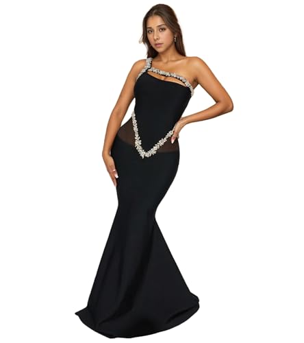 Image of PORRCEY Women's Sexy Rhinestone Mesh See Through Party Night Prom Dress