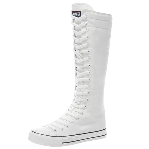 ANUFER Women Fashion Canvas Dance Boots Knee High Bicycling Boots Girls Fancy School Shoes White 905 US7 - Main Image