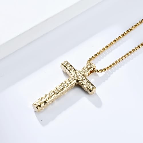 Collier croix en acier inoxydable pendentif texturé martelé style rétro