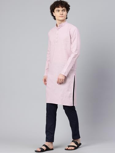 Image of Majestic Man Men's Cotton Regular Fit Casual Mandarin Collar Ethnic Motifs Solid Long Kurta