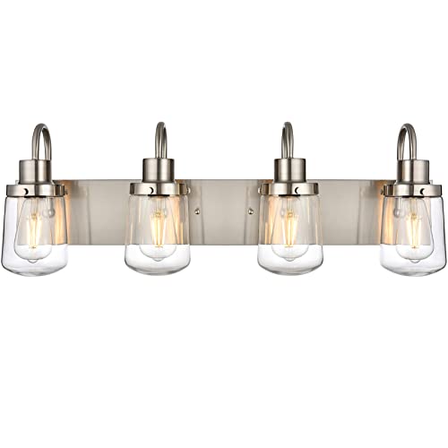 YAOHONG Modern Bathroom Vanity Light 4-Lights Lamp in Satin Nickel,Farmhouse Wall Light Fixture with Clear Glass Shades,Indoor Wall Lamp