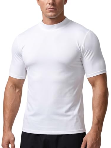 Image of X-thud Mens Mock Turtleneck Short Sleeve Solid Casual T-Shirt Pullover Tops Slim Fit Basic Undershirt High Neck T-Shirt Tee (UK, Alpha, M, Regular, Regular, White)