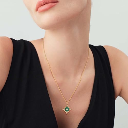 Fettero Necklaces for Women Trendy 14K Gold Plated Charm Necklace Green Malachite Heart Coin Butterfly Cross Clover Pendant Dainty Gold Necklace for Women Jewelry