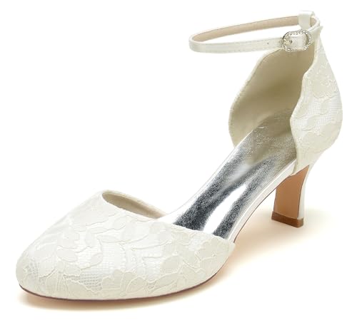 Hanfike Womens Lace Wedding Shoes Low Heel Round Toe Bridal Formal Party Pumps JY148