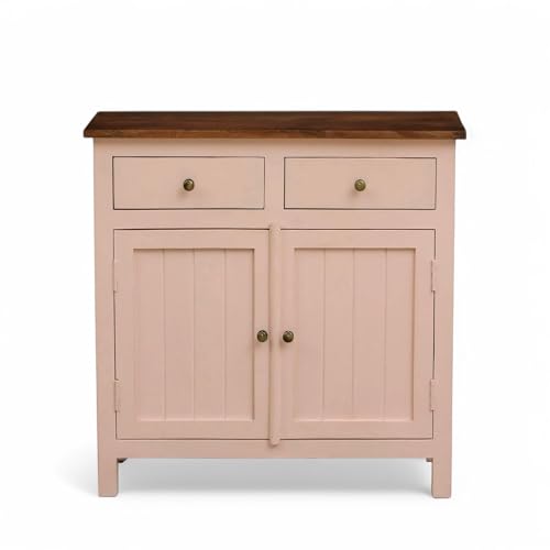 Image of Solid Wood Sideboard Cabinet | 2 Drawers | Premium Tubaq Top with Rosset Pink | Stylish Wooden Storage for Living Room & Hall