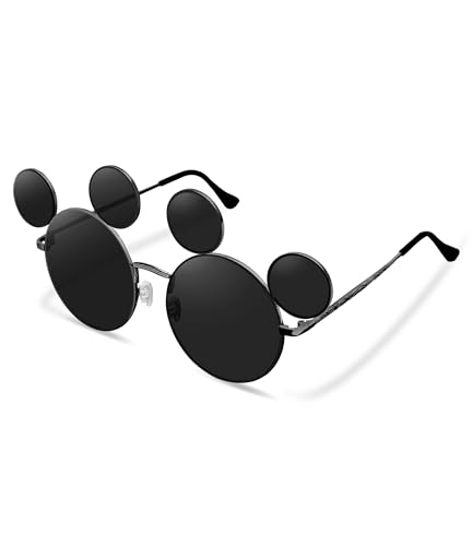 Mouse Ears Sunglasses for Women Men, Black Cartoon Sun Glasses with Case, Theme Park Accessories, UV Protection