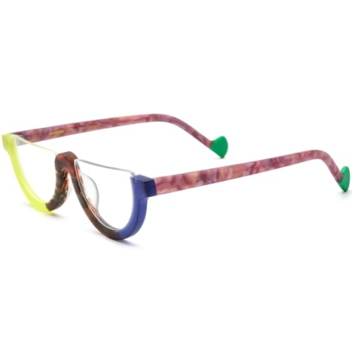 Image of HEPIDEM Matte Multicolor Acetate Glasses Frame Women,Semi Rimless Round Optical Eyeglasses