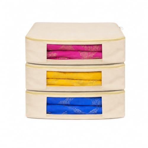 Image of Kottify Cotton Canvas Clothes Storage Bags Pack of 3 | Saree Covers with Zip | Saree & Dress Storage Bags with Zipper | Wardrobe Organizer for Women's Clothes, Lehengas, Suits (16 x 13 x 3 Inch)
