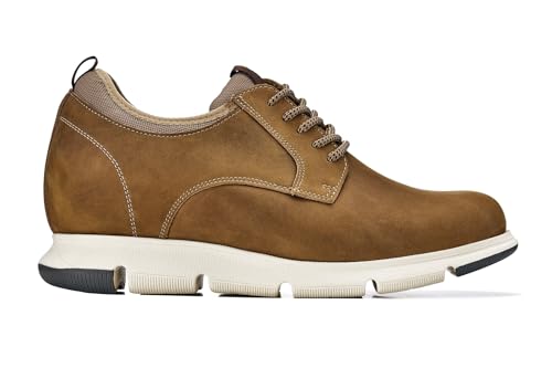 Image of CALTO Men's Invisible Height Increasing Elevator Shoes - Tan Brown Lace-up Premium Leather Casual Derby - 3.3 Inches Taller - J1200 - Size 10.5 D(M) US