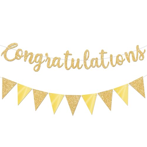Gybeizhu Glitter Gold Congratulations Banner with Gold Triangle Bunting Garland for Graduation Wedding Bridal Shower Engagement Retirement Baby Shower Birthday Anniversary Celebration Party Decorations No DIY.