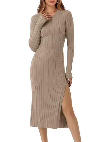 ANRABESS Womens 2025 Fall Long Sleeve Midi Dress Ribbed Knit Bodycon Fitted Button Down Wedding Guest Slit Sweater Dresses