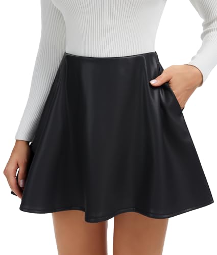 SHAPERIN Mini Falda de Piel Sintética Mujer Línea A Falda Corta Minifalda con Pantalón & 2 Bolsillos Faux Leather Skirt with Shorts Negro S