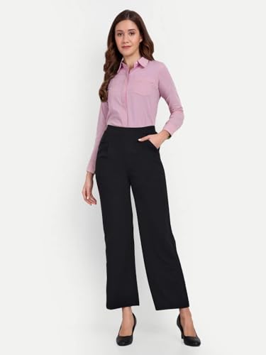 Image of Broadstar Women Black High-Rise Stretchable Wide Leg Trousers| Loose Fit|Comfort Fit| Women Formal Trousers