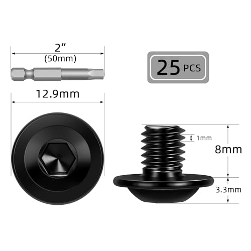 Image of M6-1.0 x 8mm 25 PCS Flanged Button Head Socket Cap Bolts Screws, Stainless Steel 304, Allen Socket Drive, Screwdriver Bit Included, Black Finish, Fully Machine Thread
