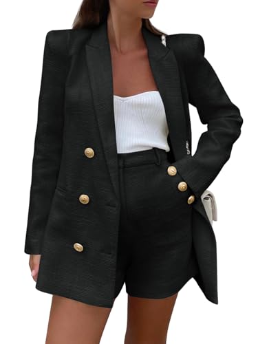 Cicy Bell Womens 2 Piece Tweed Blazer Shorts Sets Long Sleeve Double Breasted Suit Jackets Business Outfit Black