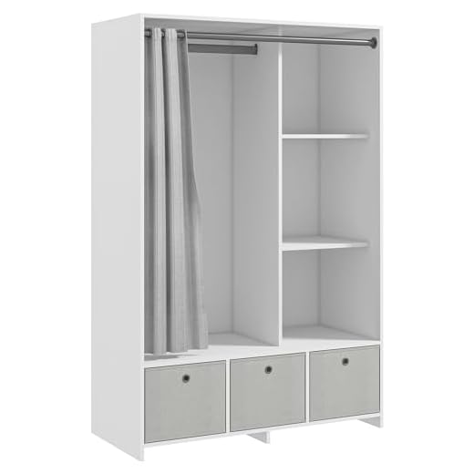 HOMCOM Armoire penderie, Dressing avec Rideau, Armoire Chambre vêtement, Garde-Robe avec Tringle, 3 Compartiments et 3 tiroirs en Tissu Amovibles - 105 x 48 x 160 cm, Blanc