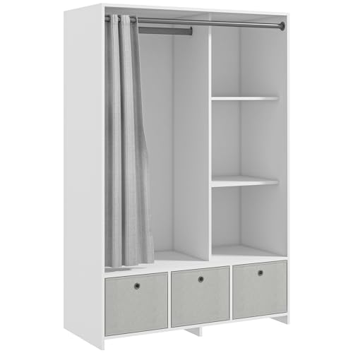 HOMCOM Armoire penderie, Dressing avec Rideau, Armoire Chambre vêtement, Garde-Robe avec Tringle, 3 Compartiments et 3 tiroirs en Tissu Amovibles - 105 x 48 x...