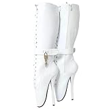 BNSHTZAC High Heels 18CM Ballet Boots Lace Up,White-12