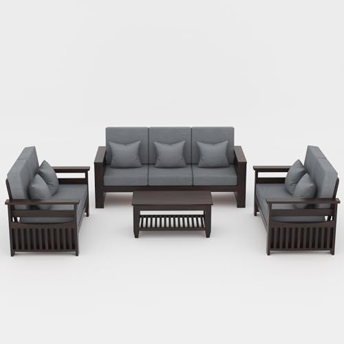 Image of Sheesham Wooden 7 Seater Sofa for Living Room | Rosewood 7 Seater Cushion Sofa Side Half Moon Rack | Solid Wood Sofa Set for Lounge (-3+2+2,Walnut Finish)