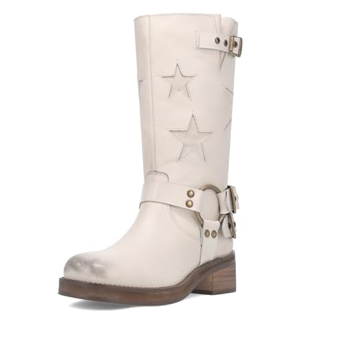 Image of Goolita Women's Buckle Biker Knee High Boots Square Toe Chunky Heel Star Moto Mid Calf Boots Slip On Motorcycle Riding Boot
