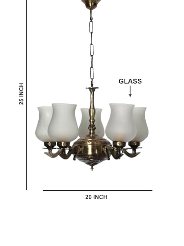 Image of Devansh 05 Lights Milky White Glass Shade with Antique Golden Chandelier -Q