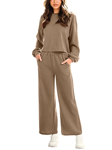 ANRABESS Women’s Two Piece Outfits Long Sleeve Crop Top Wide Leg Sweat Pants Knit Sweatsuit Fall Lounge Matching Clothes Set Brown Small