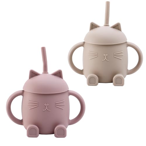 amo nenes 2 Pezzi Tazze con Cannuccia Bambini Silicone Tazza di Allenamento con Manici Baby Training Cup Senza BPA per Microonde e Lavastoviglie, Rosa/Giallo