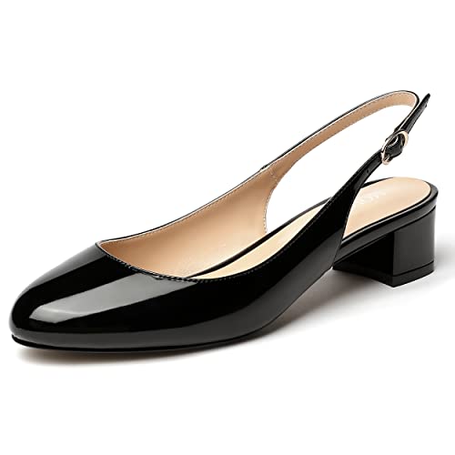MODENCOCO Women's Ankle Strap Patent Round Toe Slingback Chunky Low Heel Pumps Shoes 1.5 Inch