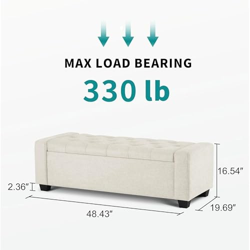 Image of Storage Ottoman Bench with Safety Hinge | Upholstered Tufted End of Bed Bench with Hidden Storage | Bedroom Living Room Entryway Seating | Modern Rectangular Footrest Seat | Fabric Bench Beige