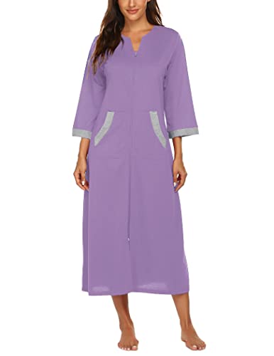 Image of Ekouaer Women Zipper Robe 3 /4 Sleeves Loungewear Dress Full Length Sleepwear Pockets Housecoat Nightgown Long Bathrobe