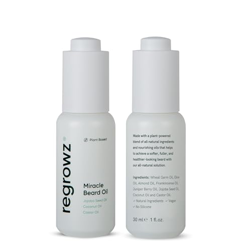 Regrowz Bartöl für Männer, 30 ml, natürliches Bartwachstumsserum, Feuchtigkeitspflege mit Kokosnuss- und Jojobaöl, weich, nährt und hydratisiert trockene, juckende Bärte, fördert dickeren und volleren