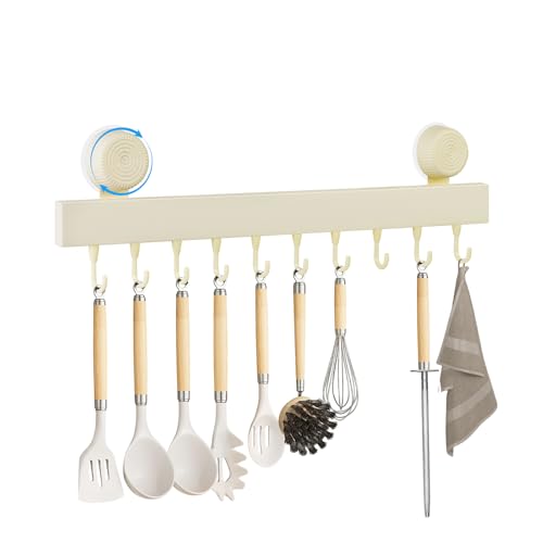 Sampoes Barre Cuisine Ustensile avec Ventouse, Support Ustensiles Cuisine avec 10 Crochets, Porte Ustensiles Cuisine Mural en Acier au Carbone, 20 kg Capacité, pour Salle de Bain, Salon, Beige