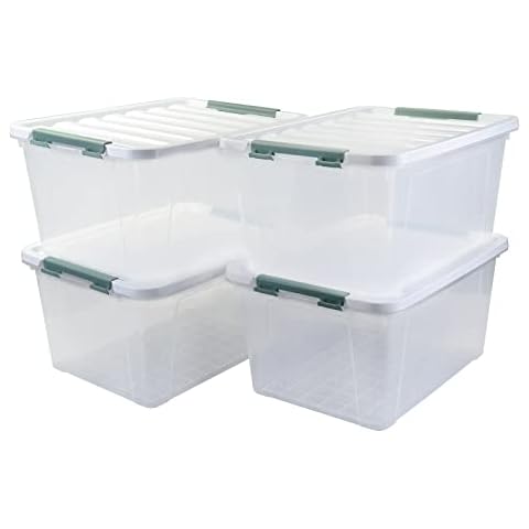 Buyitt Pack of 4 Large Storage Containers Bin with Handle/Latch/Lid, Clear Plastic Storage Box, 35 L Cover