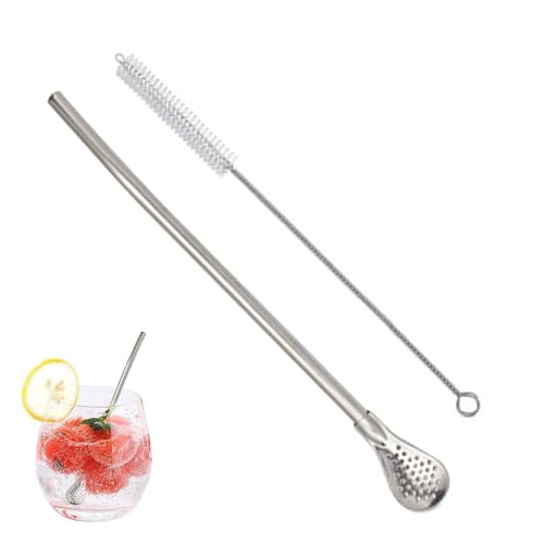 Cucchiaio di paglia – Cucchiaio multifunzione riutilizzabile | Cucchiaio filtrato in acciaio inox, colino di paglia, agitatore, cucchiaio multiuso per bambini, per caffè, foglie di tè sfuse, zuppa