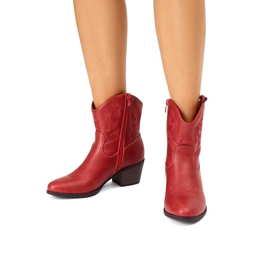 DREAM PAIRS Women's Western Cowboy Cowgirl Embroidered Ankle Boots Fashion Low chunky Heel Round Toe Fall Short Booties Shoes,Size 6,Red,SDAB2432W