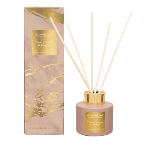 Stoneglow Luna Collection Ylang Ylang & Amber Scented Reed Diffuser 120ml – Ylang Ylang, Jasmine & Amber Fragrance, Lasts 10 Weeks, 12 Rattan Reed Diffuser Sticks, Refillable Air Freshener for Home