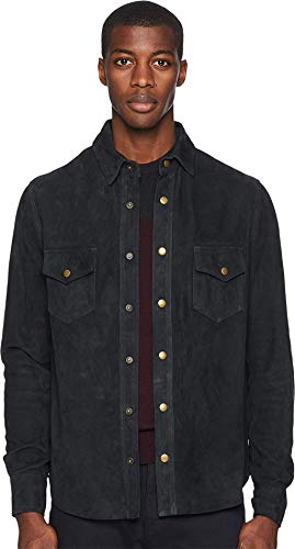 Billy Reid Men's Suede Antique Brass Snap Workshirt, black, XXL
