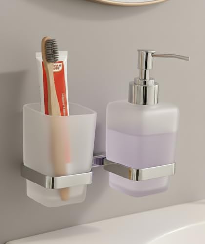 Image of Stainless Steel Toothbrush Holder with Glass Tumbler & Liquid Soap Dispenser Set - Wall Mounted 2-in-1 Bathroom Organizer, Chrome Finish (Square /Frosted Glass) (E 2712)
