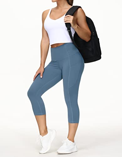 Image of THE GYM PEOPLE Thick High Waist Capris Yoga Pants with Pockets, Tummy Control Workout Running Yoga Leggings for Women