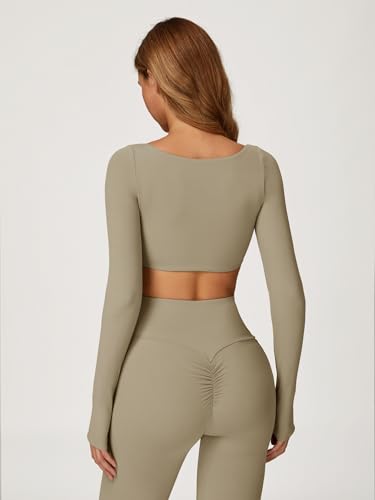 Image of ABOCIW Women Square Neck Long Sleeve Workout Crop Top Low Medium Impact Athletic Yoga Gym Shirts with Built in Bra(ONLY TOP)