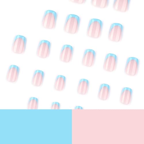 Image of Blue French Tip Nail Press ons Short Square Press on Nails Glossy Fake Nails Acrylic Full Cover Glue on Nails Reusable Artificial Finger Nail Nude Stick on Nail for Women Girls Manicure 24PCS