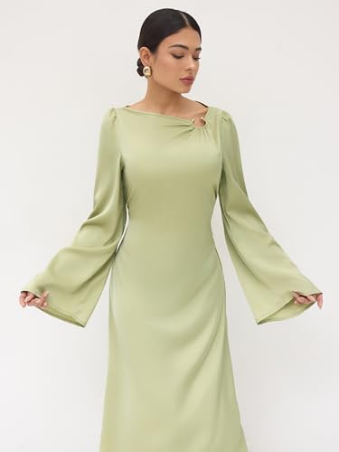 CIDER Formal Asymmetrical Neck Long Sleeve Maxi Dress Knot Satin Middle Waist Party Elegant Dress4