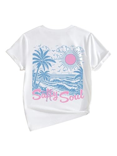 SweatyRocks Girl's Sea Letter Graphic T Shirt Short Sleeve Crewneck Trendy Tee Tops
