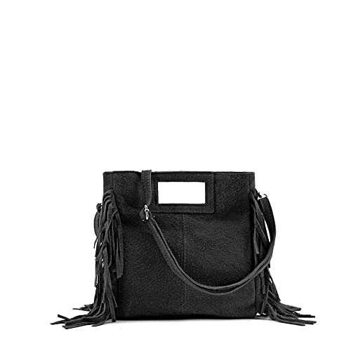 Modelisa - Sac à main avec bandoulière et franges en cuir fabriqué en Italie pour femme, Noir , Taille unique
