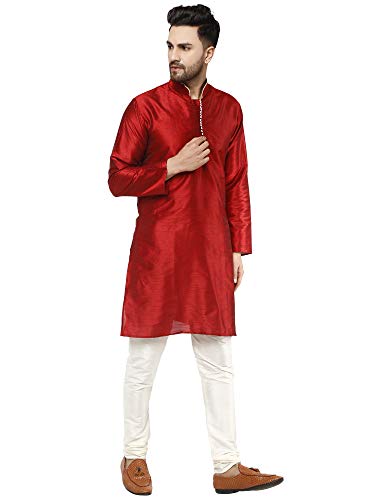 Image of SKAVIJ Men's Art Silk Self Design Kurta Pajama Mandarin Collar 2-Piece Ethnic Festive Dress