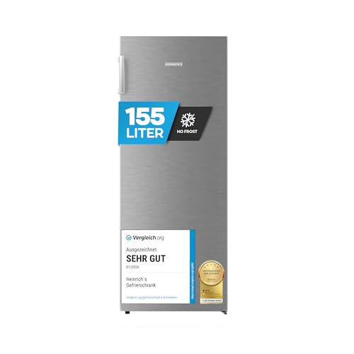 Heinrich´s Gefrierschrank 155 Liter, Temperatur:-14°C~-24°C, Freezer, No-Frost Schutz, 4x Gefrierschublade +1x Gefrierfach, LED-Display,Airflow, wechselbarer Türanschlag, Alarmfunktion, (inox)